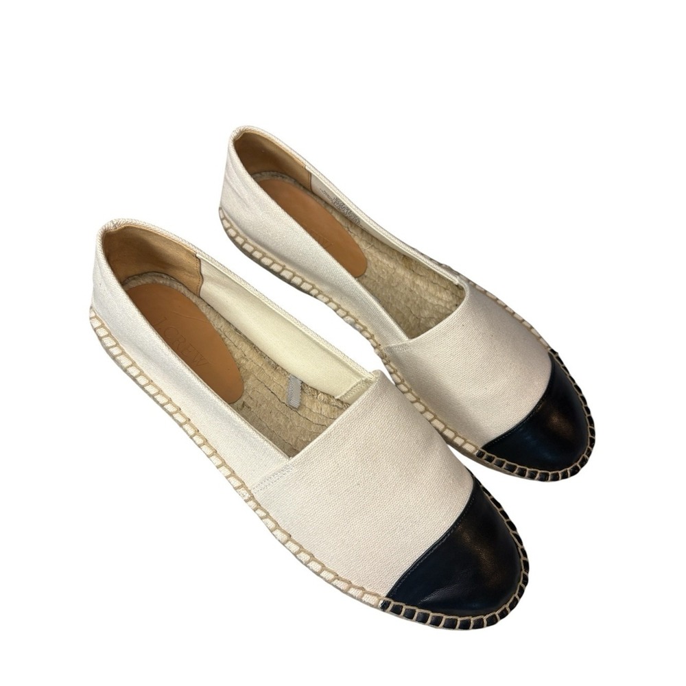 J Crew Unisa Cream Canvas Espadrilles Black Cap Toe Slip On Flats Shoes 9.5